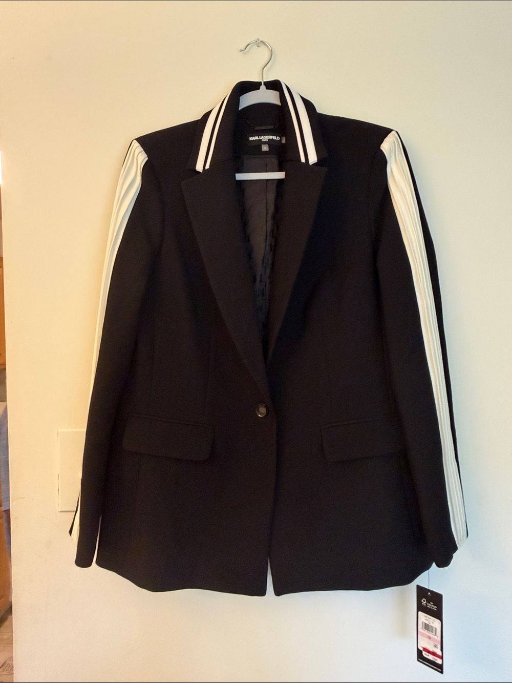 Karl Lagerfeld Black Blazer with White Stripe Sleeve Detail